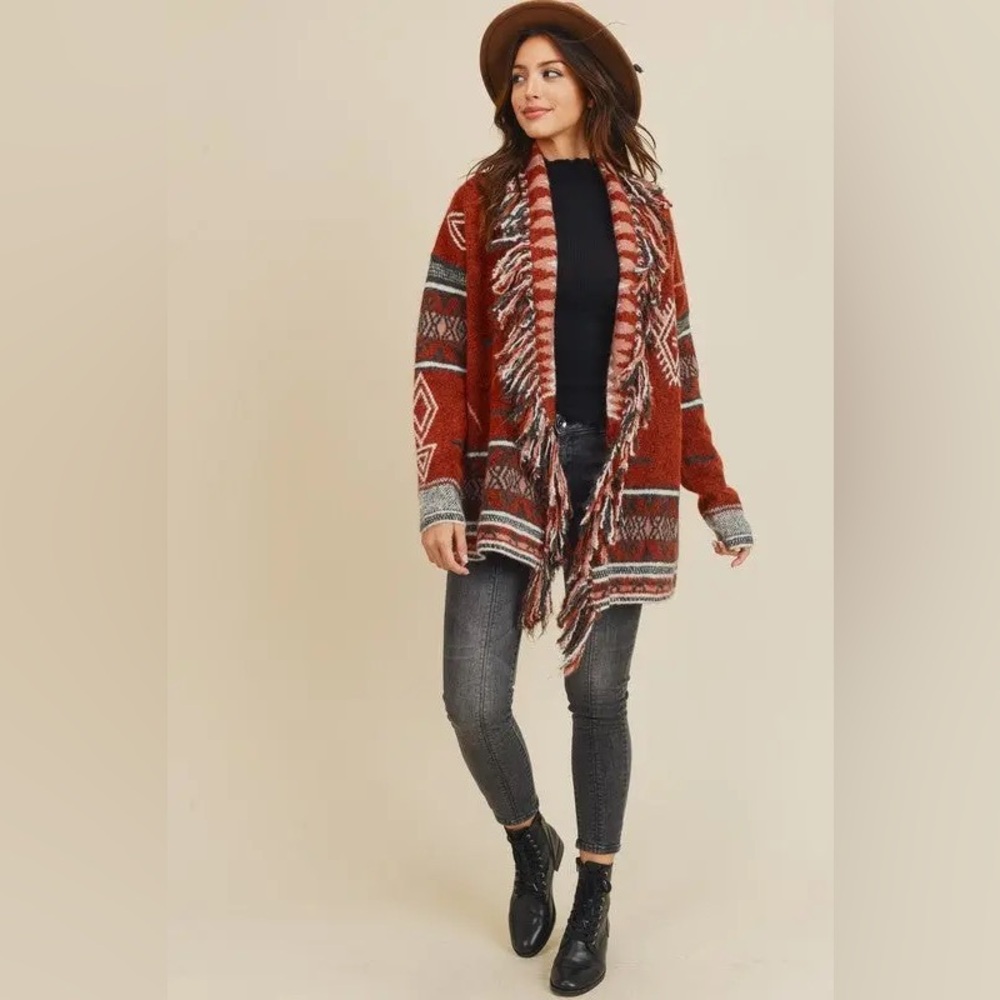Doe & Rae Aztec Open Front Fringe Cardigan Sweater Brown Multi Size L EXCELLENT! - Picture 3 of 16